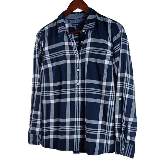 Tommy Hilfiger Womens Blue Plaid 1/4 Button Pullover Roll Tab Sleeve Top M 2023 - Picture 2 of 9